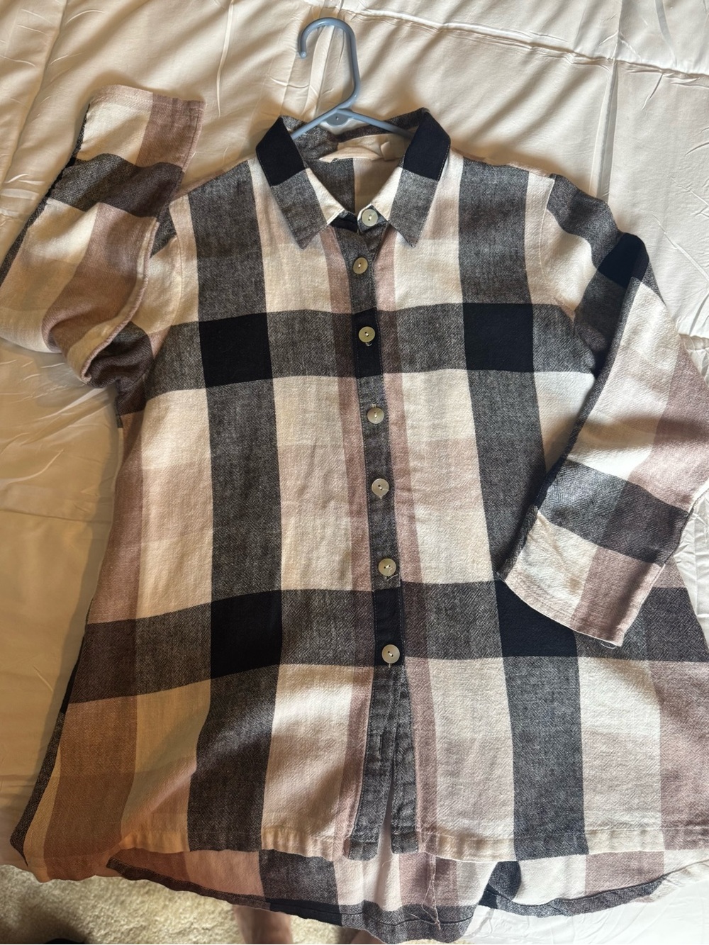 Soft Surroundings Plaid Button-Down Shirt in Black, Cream & Brown